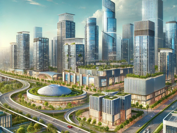 mage illustrating a modern Indian city skyline with key real estate landmarks