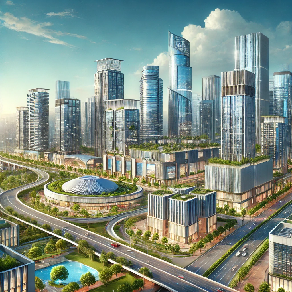 mage illustrating a modern Indian city skyline with key real estate landmarks