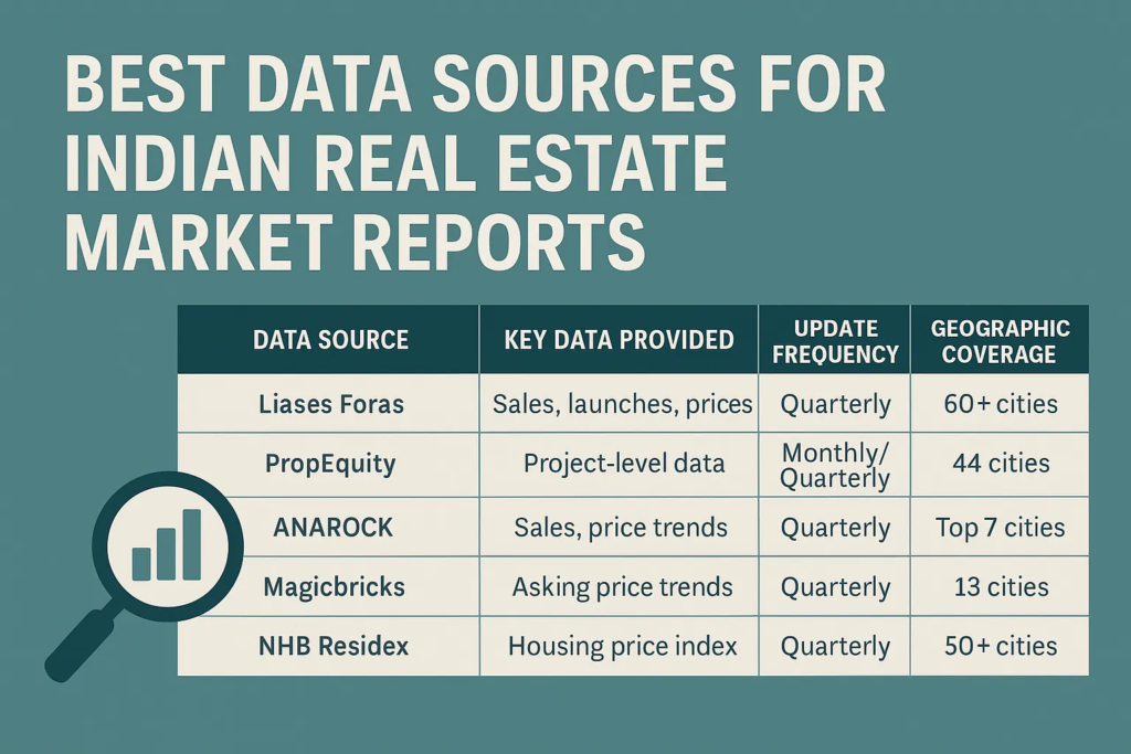 Infographic comparing Indian real estate data platforms like Liases Foras, NHB Residex, ANAROCK, PropEquity with features and pricing.