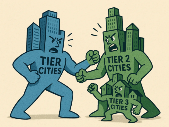 Blue skyscraper figure labeled “Tier 1” fighting against green city characters representing Tier 2 and Tier 3 cities in a symbolic real estate battle