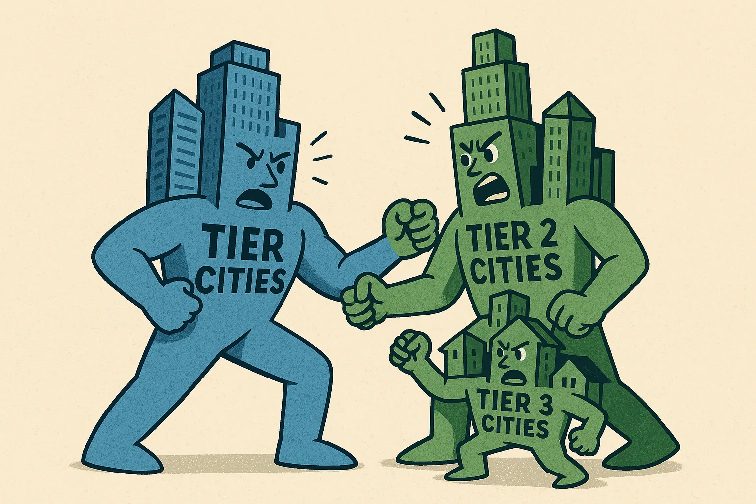 Blue skyscraper figure labeled “Tier 1” fighting against green city characters representing Tier 2 and Tier 3 cities in a symbolic real estate battle