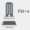 A minimalist infographic showing a dark gray building silhouette labeled ‘Built-up area’ above a dark gray trapezoid labeled ‘Plot area,’ with the formula ‘FSI = x’ displayed to the right