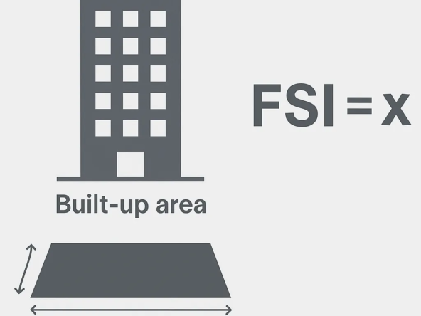 A minimalist infographic showing a dark gray building silhouette labeled ‘Built-up area’ above a dark gray trapezoid labeled ‘Plot area,’ with the formula ‘FSI = x’ displayed to the right