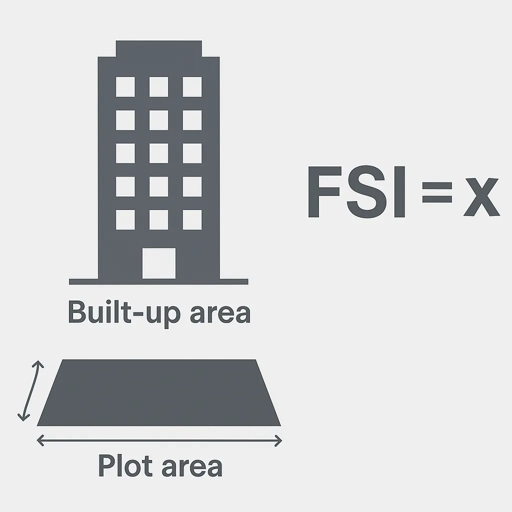A minimalist infographic showing a dark gray building silhouette labeled ‘Built-up area’ above a dark gray trapezoid labeled ‘Plot area,’ with the formula ‘FSI = x’ displayed to the right