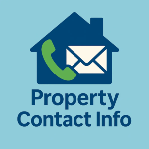 Minimalist graphic of a blue house icon containing a green telephone handset and white envelope, with the text ‘Property Contact Info’ below.